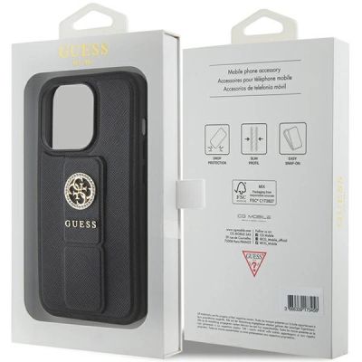 8. Guess Grip Stand 4G Saffiano Strass Hülle für iPhone 15 Pro Max - Schwarz