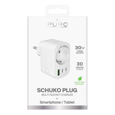 2. Puro 30W Power Delivery Ladegerät mit Schuko Stecker und Buchse 2x USB-C + 1x USB-A - Weiß
