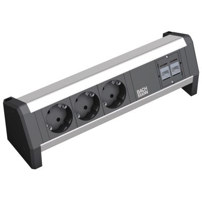2. BACHMANN Tischsteckdosenleiste mit 3 Sicherheitssteckdosen, 2 CAT5e RJ45 Buchsen/Buchsen, Stromeingang: GST18 - Buchse, Netzteil separat erhältlich