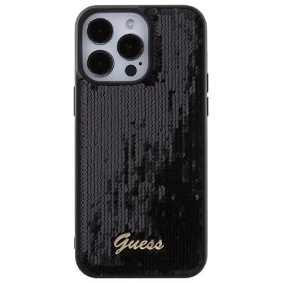 3. Guess Pailletten-Schriftzug-Metallgehäuse für iPhone 15 Pro Max – Schwarz