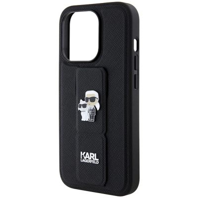 6. Karl Lagerfeld Gripstand Saffiano Karl&Choupette Pins Hülle für iPhone 13 Pro / 13 – Schwarz