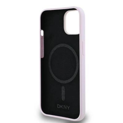 7. DKNY Flüssigsilikon-MagSafe-Hülle mit kleinem Metalllogo für iPhone 14/15/13 – Rosa