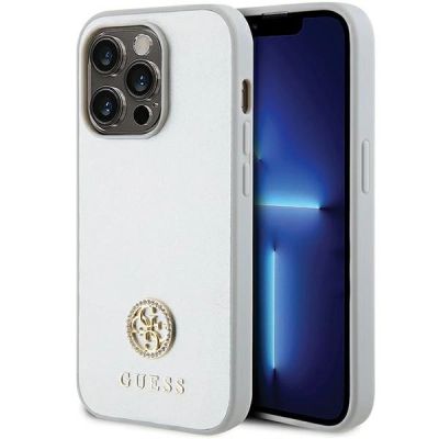 Guess Strass Metal Logo Hülle für iPhone 15 Pro – Silber