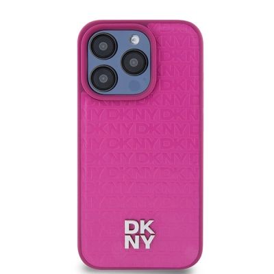 3. DKNY MagSafe-Hülle aus Leder mit Monogrammmuster und Metalllogo für iPhone 15 Pro, Pink