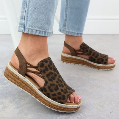 14. Beige Plateau-Sandalen mit Leopardenmuster für Damen, Rieker 62741-90
