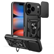 Hybrid Armor Camshield iPhone 17 Pro Hülle mit Ständer und Kameraabdeckung - Schwarz