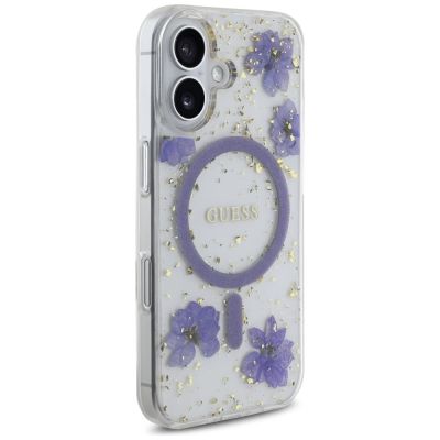 4. Guess Resin Flowers Glitter MagSafe Hülle für iPhone 16 - Lila