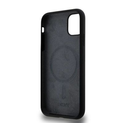 3. DKNY Liquid Silicone MagSafe Hülle für iPhone 11/Xr, Weiß, mit aufgedrucktem Logo, Schwarz
