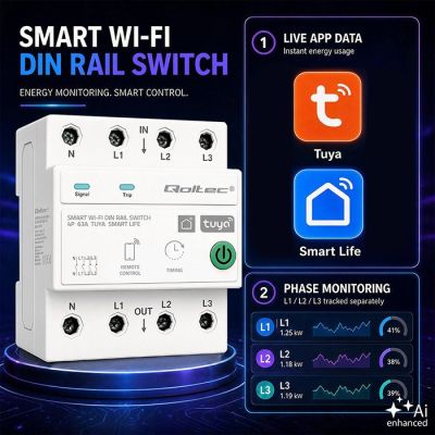 7. Qoltec Dreiphasenrelais 63A für DIN-Schiene | 3P+N | Timer | WLAN | Tuya | Smart Life | Amazon Alexa | 4P