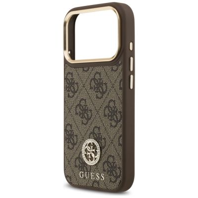 6. Guess 4G Strass Logo & Big Strap Metal Buttons MagSafe Case für iPhone 17 Pro - Braun
