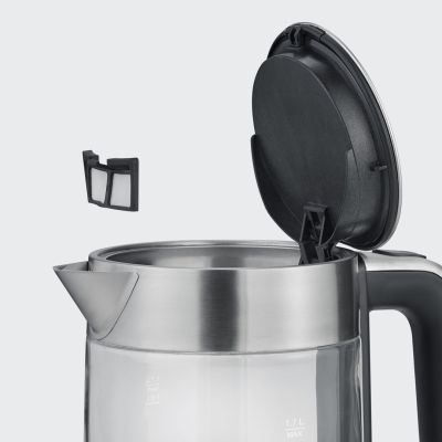 7. Severin Wasserkocher aus Glas und Stahl, 1,7 l, verdecktes Heizelement, Strix-Steuerung, Kabeleinführung, Wasserstandsanzeige, 2200 W, WK3420