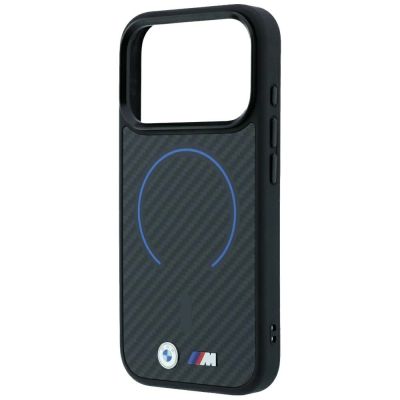 7. BMW M Kevlar Blue Print Ring Metal Logo MagSafe Hülle für iPhone 18 Pro Max / 17 Pro Max - Schwarz