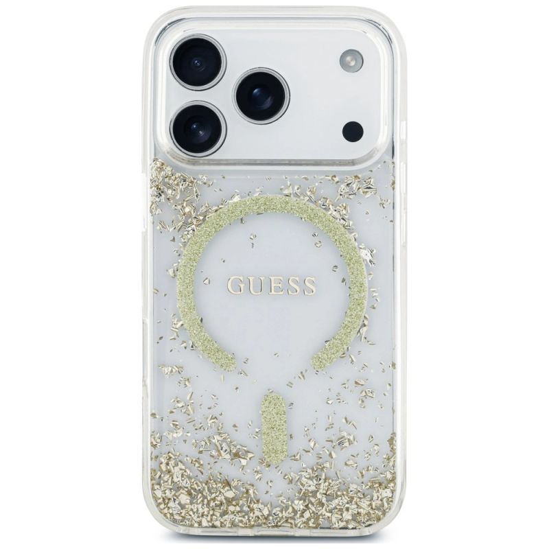 3. Guess MagSafe Hülle mit Harzboden und Glitzer für iPhone 18 Pro / 17 Pro – Gold