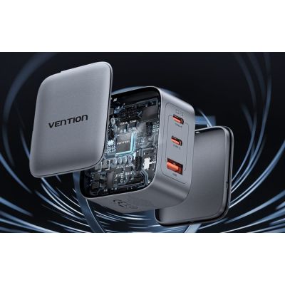 6. Vention 70W GaN PD Ladegerät, 1x USB-A, 2x USB-C, Schwarz