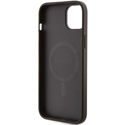 7. Guess 4G Collection Leder Metall Logo MagSafe Hülle für iPhone 15 Plus / 14 Plus – Braun