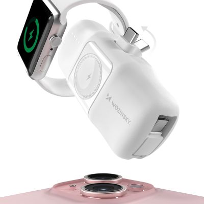 5. Wozinsky WF16-YCS 5000 mAh 15 W USB-C Mini-Powerbank mit integriertem USB-C-Kabel und Apple Watch Ladegerät – Weiß