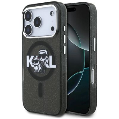 Karl Lagerfeld IML Glitter Karl & Choupette Sketch Logo MagSafe Hülle für iPhone 17 Pro - Schwarz