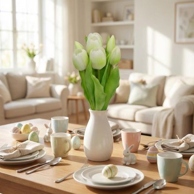 18. Strauß aus 7 weißen Tulpen, 31 cm, naturgetreue Frühlingsdekoration