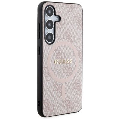 4. Guess 4G Collection Leder Metall Logo MagSafe Hülle für Samsung Galaxy S24 – Pink
