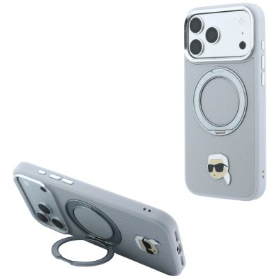 Karl Lagerfeld mit Ringständer 360°-Karl-Kopf-Pin MagSafe-Hülle für iPhone 18 Pro / 17 Pro – Grau