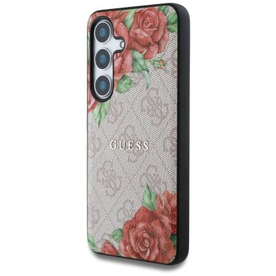 2. Guess Leather 4G Flowers Print Metal Classic Logo MagSafe Hülle für Samsung Galaxy S25 - Rosa