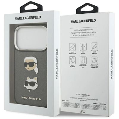 8. Karl Lagerfeld FW Grained Karl & Choupette Heads Pins & Logo iPhone 17 Pro Hülle - Grau