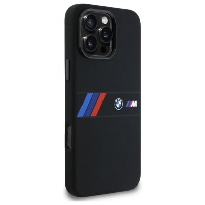 4. BMW Silikonhülle mit Mittelstreifen und MagSafe-Design für iPhone 16 Pro Max – Schwarz
