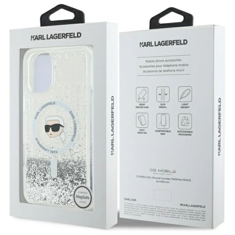8. Karl Lagerfeld Liquid Glitter Karl Head Magsafe Hülle für iPhone 16 – transparent