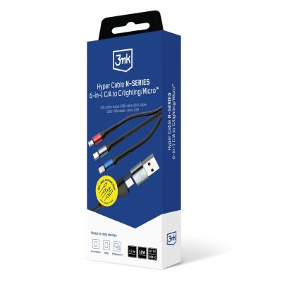 8. 3mk Hyper Cable N-SERIES 6-in-1 USB-C/USB-A auf USB-C/ Lightning /Micro 1,2 m QC 3.0 9 V/2 A 18 W – Schwarz