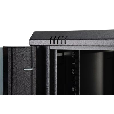 6. DYNAmic 19" 9U Rack 600x600 Wandmontage-Netzwerkschrank, Glastür, schwarz, ungeteilt, montiert, 60 kg