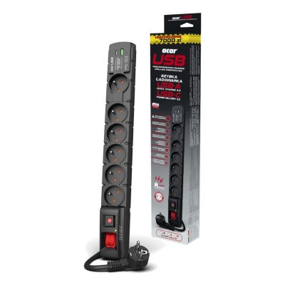 10. Acar S6 USB-A+C-Überspannungsschutz (Schnellladegerät) 1,5 m; schwarz
