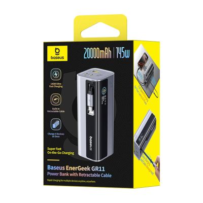 4. Baseus EnerGeek GR11 20000mAh 145W Powerbank mit einziehbarem Kabel – Grau