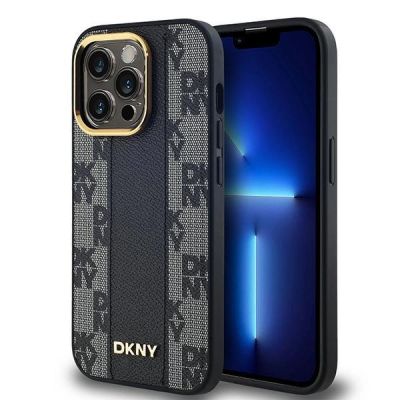 DKNY Leder-MagSafe-Hülle mit kariertem Monomuster für iPhone 13 Pro / 13 – Schwarz