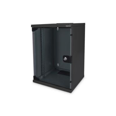 45. 10-Zoll-Netzwerkset: 9HE-Wandschrank, Ablage, Steckdosenleiste, 8-Port-Switch, Cat.6-Anschlussfeld, schwarz