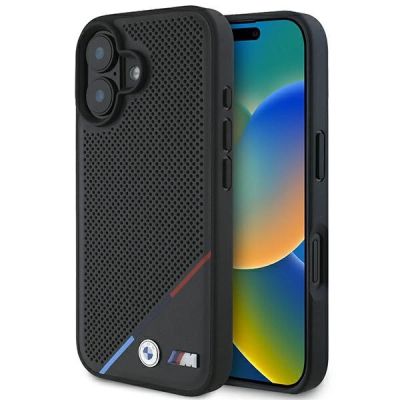 BMW M Perforated Tricolor Line MagSafe Hülle für iPhone 16 Plus – Schwarz