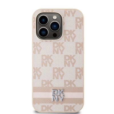 3. DKNY Lederhülle mit kariertem Monomuster und bedruckten Streifen für iPhone 14 Pro – Rosa