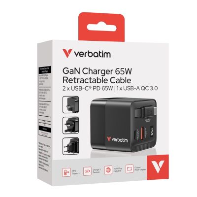 10. Verbatim Gan 65W Ladegerät mit 2x USB-C PD, 1x USB-A, Rücklaufkabel 32217