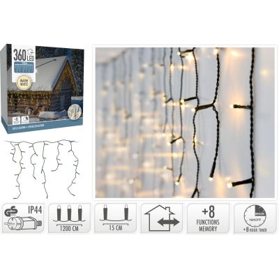 15. WEIHNACHTSLICHTER LICHTERKETTEN-VORHANG FÜR AUSSEN 360 LED STEUERUNG TIMER WARMWEISS GRÜNES KABEL