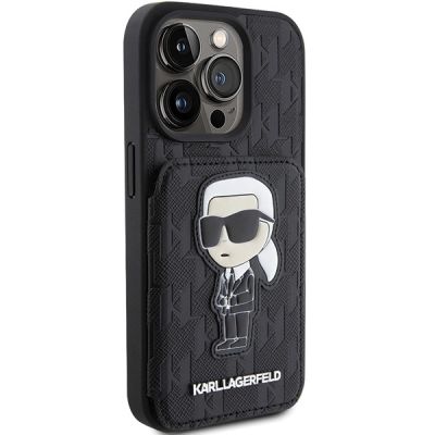 4. Karl Lagerfeld Saffiano Cardslots and Stand Monogram Ikonik Patch Hülle für iPhone 15 Pro – Schwarz