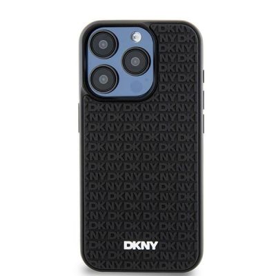 3. DKNY 3D Rubber Repeat Pattern Hülle für iPhone 15 Pro – Schwarz