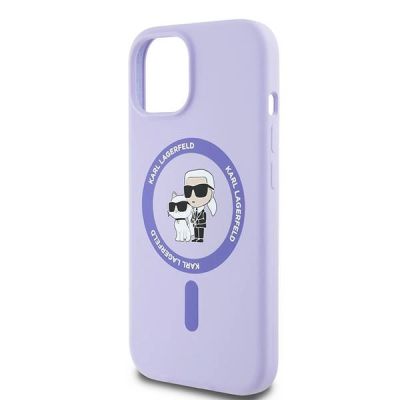 6. Karl Lagerfeld Silikonhülle mit Karl&Choupette-Kopf-Ring und MagSafe-Motiv für iPhone 15 – Lila