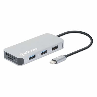 MANHATTAN 8-in-1 USB-C Dockingstation mit USB 3.2 Gen 1 Power Delivery, Typ-C Stecker auf HDMI Buchse, drei USB-A Anschlüssen, Gigabit RJ45 Anschluss, USB-C Power Delivery Anschluss, SD/MicroSD Kartenleser, Aluminium, Space Grau (13061)