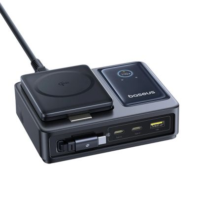 4. Baseus NOMOS 140W Qi2 5-in-1 Kabellose Ladestation mit einziehbarem USB-C-Kabel und Digitalanzeige – Schwarz