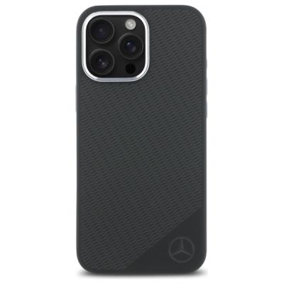 3. Mercedes MEHMP16L23SUGDK iPhone 16 Pro 6,3" schwarz/schwarz Hardcase Silikon Ton in Ton Logo Holzmuster MagSafe