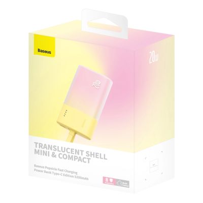11. Baseus Popsicle 5200mAh 20W Powerbank mit integriertem Lightning Kabel (+ weißes Baseus Simple USB-C - USB-C 60W/20V/3A/30cm Kabel) - Gelb-Pink