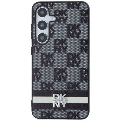 4. DKNY Lederhülle mit kariertem Monomuster und bedruckten Streifen für Samsung Galaxy S24+ – Schwarz