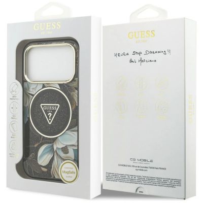 8. Guess IML Glitter Flowers Triangle MagSafe Hülle für iPhone 18 Pro Max / 17 Pro Max – Schwarz