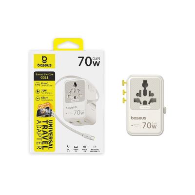 5. Baseus EnerCore CG11 70W 6-in-1 Reiseadapter mit einziehbarem USB-C-Kabel – Weiß