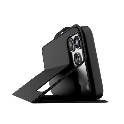 8. Puro Wallet Stand Case für iPhone 17 Pro aus Öko-Leder, mit Klappe, Geldbörse und Standfunktion - Schwarz