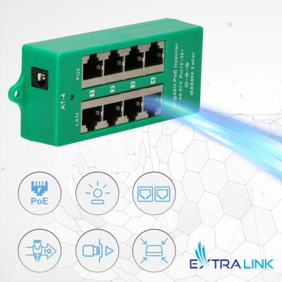 13. Extralink Gigabit PoE Injector 4 Port Active, 4 Gigabit 802.3at/af Ports, Modus A